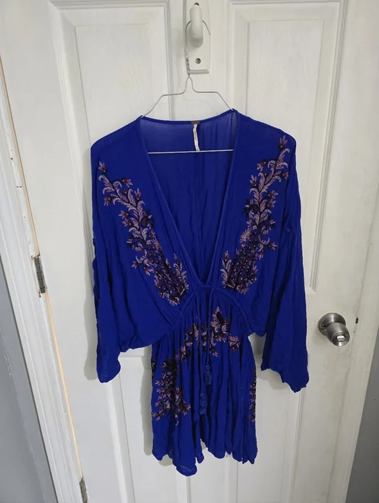 Free People Womens Pretty Pineapple Embroidered Dress Royal Blue Size Small - Picture 2 of 11
